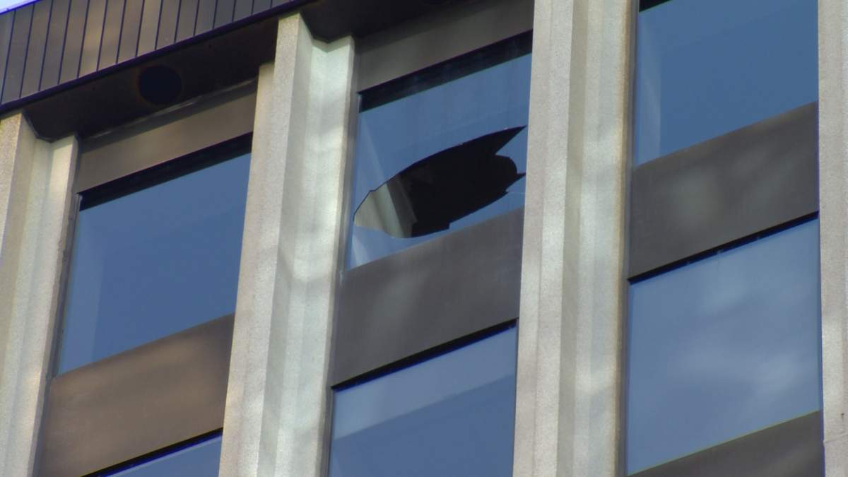 A window from a  building near the corner of Hollis and Duke Streets
broke and sent pieces of glass tumbling to the sidewalk below on September 19, 2017. 