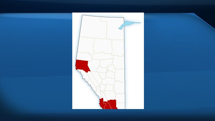 A map of Alberta is show with areas marked in red indicating where Environment Canada issued a wind warning for on Oct. 15, 2017.