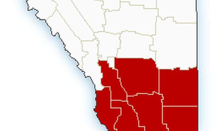 A map of southern Alberta with areas in red indicating where a wind warning was in effect on Oct. 22, 2017.