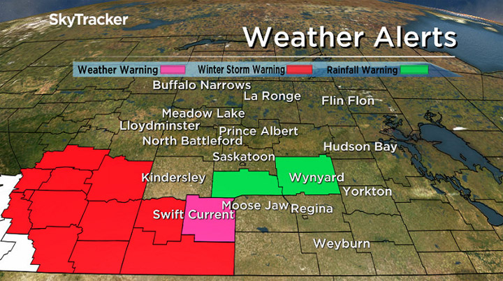A winter storm warning is in place for the southwest corner of Saskatchewan; rainfall warning in central regions.