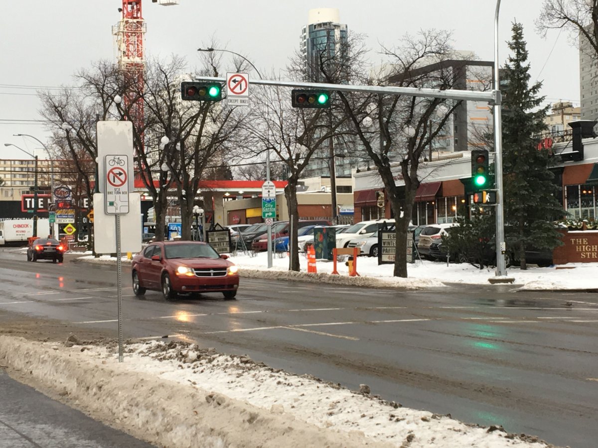 The "no left turn" sign that was on 102 Avenue, restricting eastbound traffic from turning north onto 125 Street, where new bike lanes run adjacent to the avenue in central Edmonton. November 23, 2017.