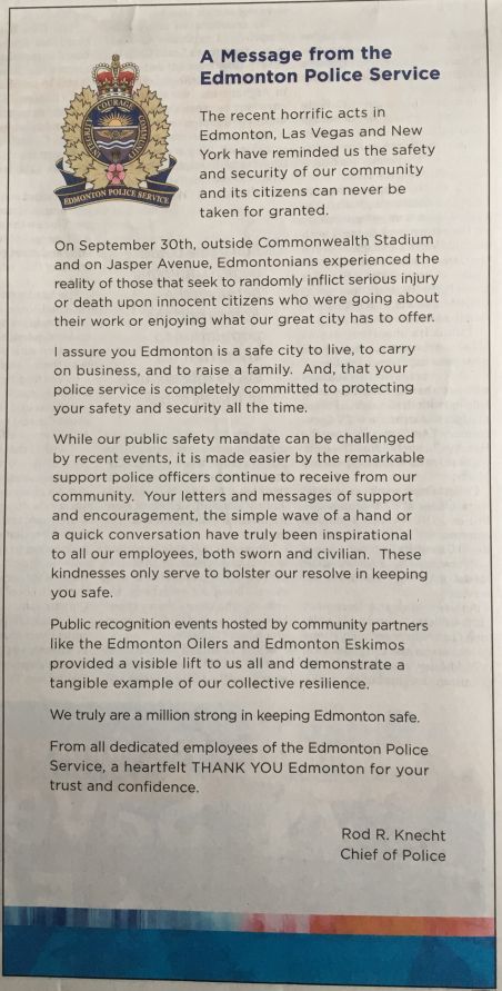 A letter from Edmonton Police Chief Rod Knecht posted in the Edmonton Journal on Saturday, Nov. 4, 2017.