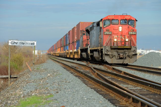 A CN Rail train departing Sarnia, Ont., is seen on April 16, 2017. 