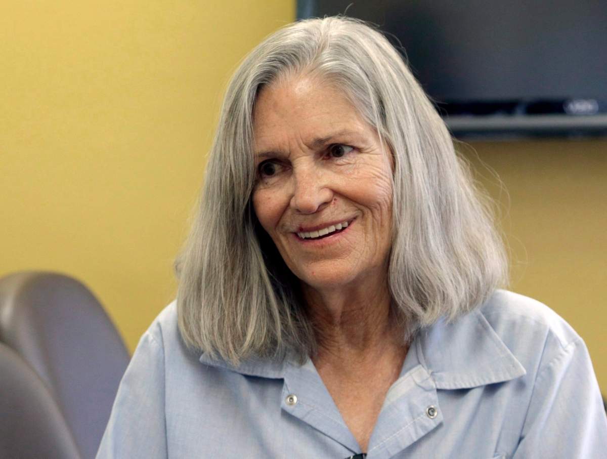 FILE – In this April 14, 2016 file photo, former Charles Manson follower Leslie Van Houten is shown during a break from her hearing before the California Board of Parole Hearings at the California Institution for Women.