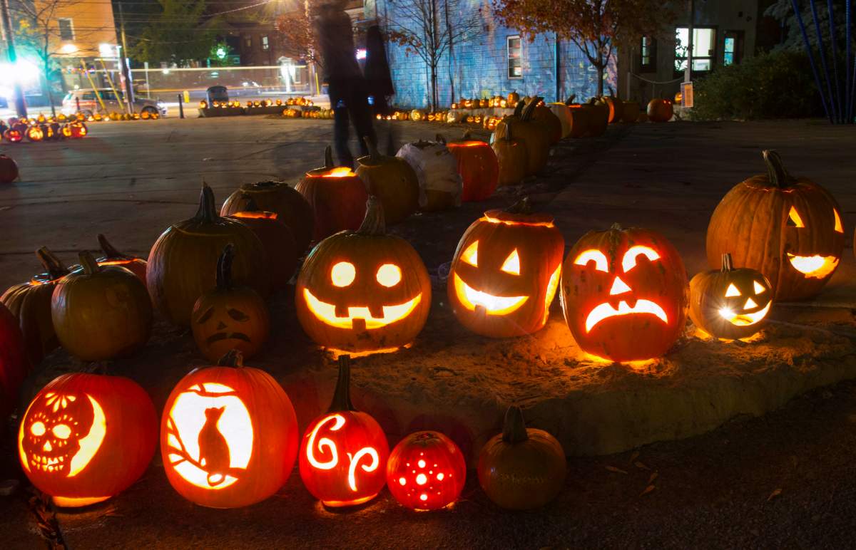 Jack-o-lanterns are seen during the 2016 Mimico Pumpkin Parade at Amos Waites Park in Toronto, Canada, Nov. 1, 2016. 