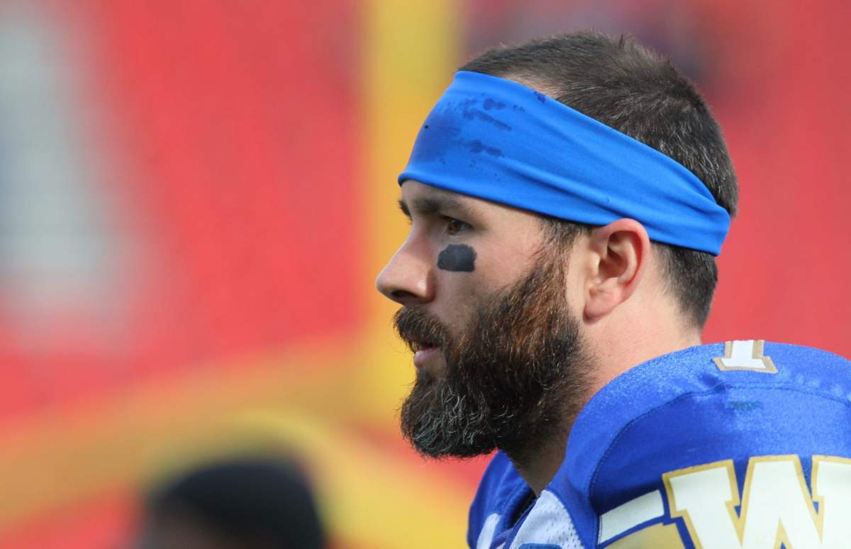 Blue Bombers Weston Dressler during warm up for CFL action in Toronto on Saturday, Oct. 21, 2017. (CFL PHOTO – Dave Chidley)