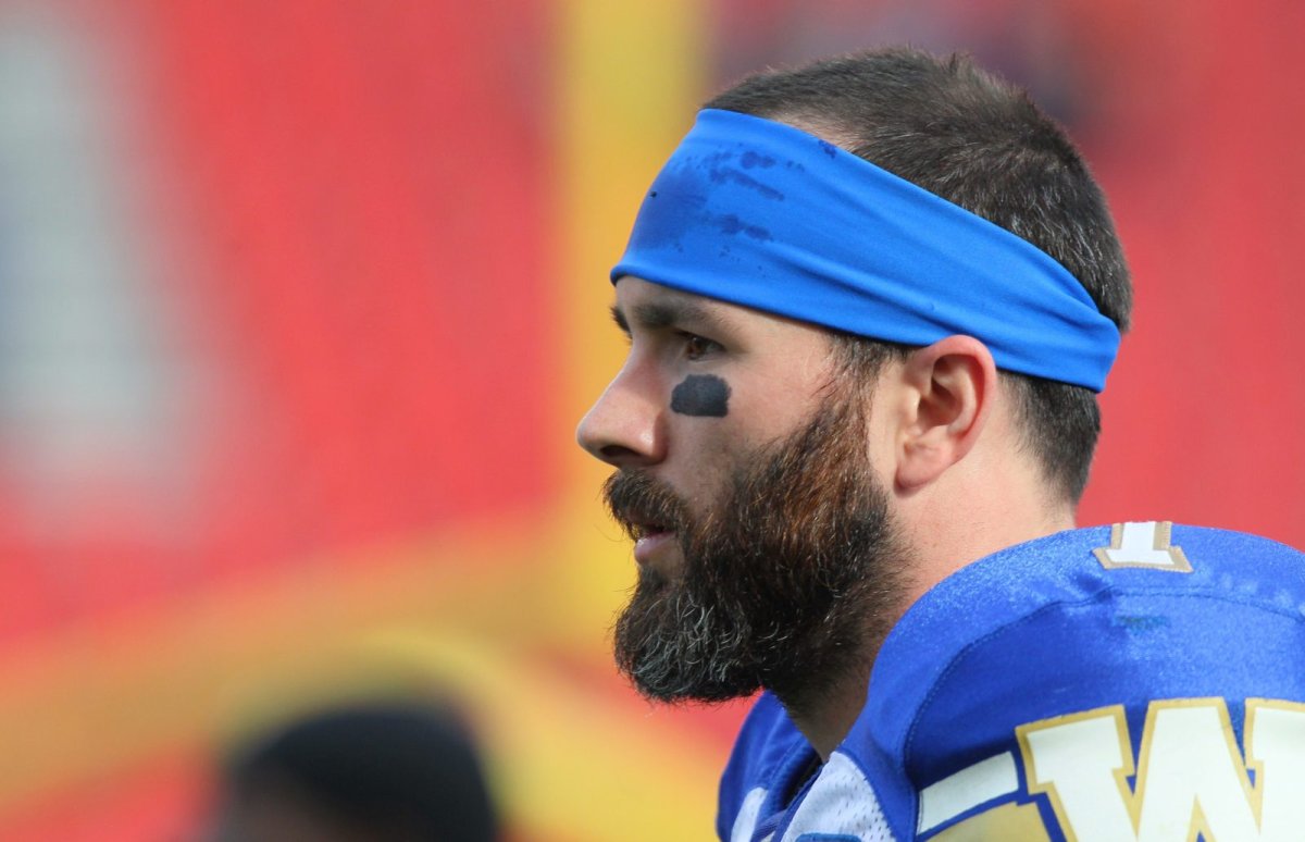 Winnipeg Blue Bombers receiver Weston Dressler warms up for a CFL game in Toronto on Oct. 21.