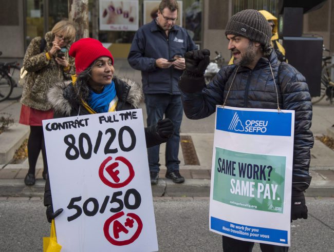 Striking college faculty rally in Toronto, Oct.25, 2017. 