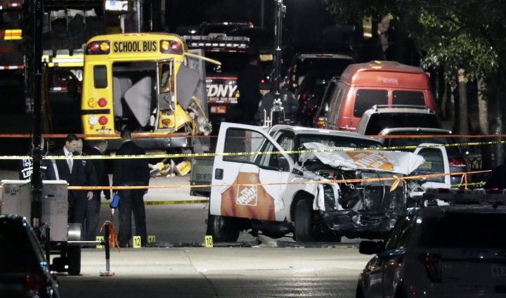 Authorities investigate the pickup truck and scene of a terror attack in downtown New York, New York, on Oct. 31, 2017.