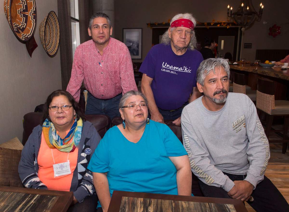 The family of Virginia Pictou Noyes, Robert John Pictou, back left, Robert James Pictou, back right, Marie Pictou, Agnes Gould and Francis Pictou, front left to right, attend the National Inquiry into Missing and Murdered Indigenous Women and Girls, in Membertou, N.S. on Tuesday, Oct. 31, 2017.