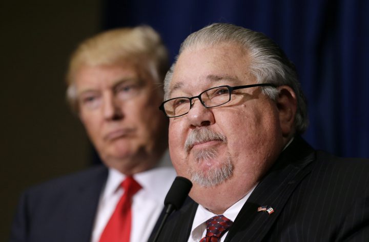 In this Aug. 25, 2016, file photo, Sam Clovis speaks during a news conference as then-Republican presidential candidate Donald Trump.