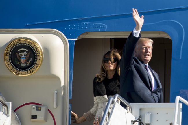 U.S. President Donald Trump and first lady Melania Trump arrive at Yokota Air Base, Nov. 5, 2017 in Fussa, Japan.