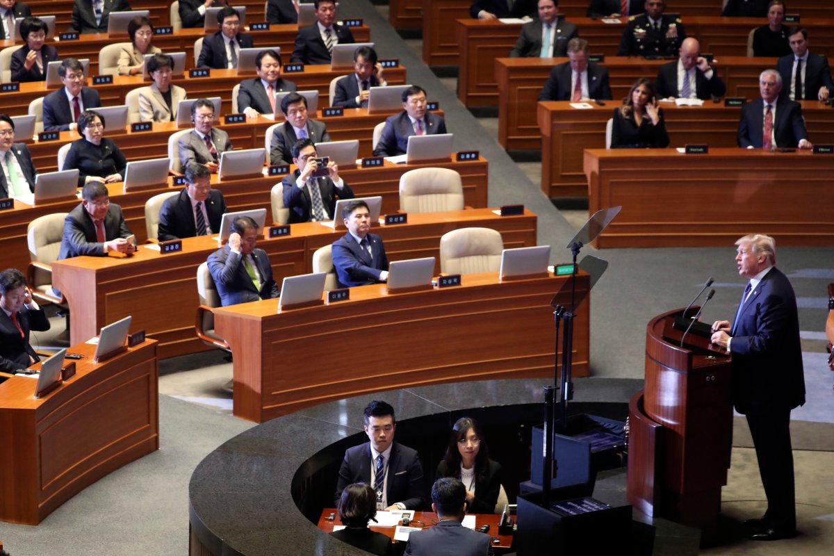 President Donald Trump speaks at the South Korean National Assembly, Wednesday, Nov. 8, 2017, in Seoul, South Korea. Trump is on a five country trip through Asia traveling to Japan, South Korea, China, Vietnam and the Philippines. 