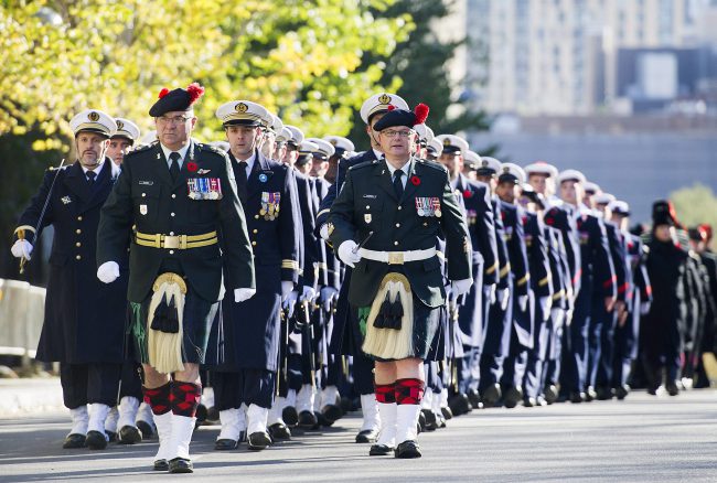 Members of the Canadian Armed Forces march during a Remembrance Day ceremony in Montreal, Nov. 11, 2017.