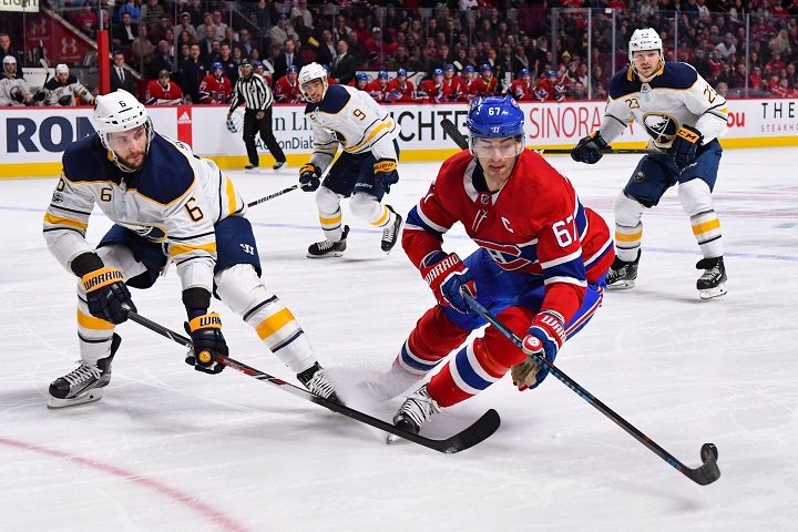 Montreal Canadiens left wing Max Pacioretty (67) gains control og the puck at the tip of his stick during the Buffalo Sabres at Montreal Canadiens game at Bell Centre in Montreal, Quebec. Montreal Canadiens win 2-1 in overtime. Saturday, Nov. 11, 2017.