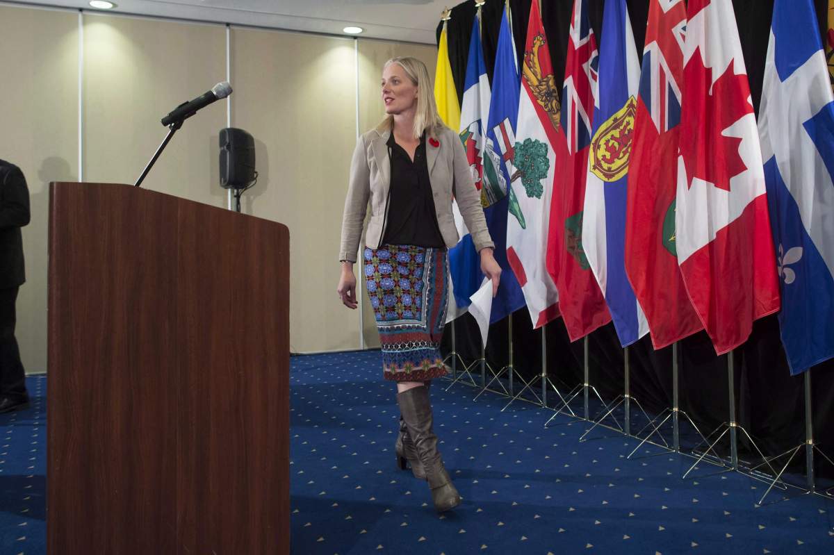 Federal Environment Minister Catherine McKenna arrives for a news conference after a Canadian Council of Ministers of the Environment meeting in Vancouver on November 3, 2017. Environment Minister Catherine McKenna and former prime minister Brian Mulroney will be in Montreal today to mark the 30th anniversary of a landmark treaty to protect the earth's ozone layer. The Montreal Protocol was an international agreement signed in the city on Sept. 16, 1987 to phase out the use of chemicals being blamed for destroying the ozone layer.