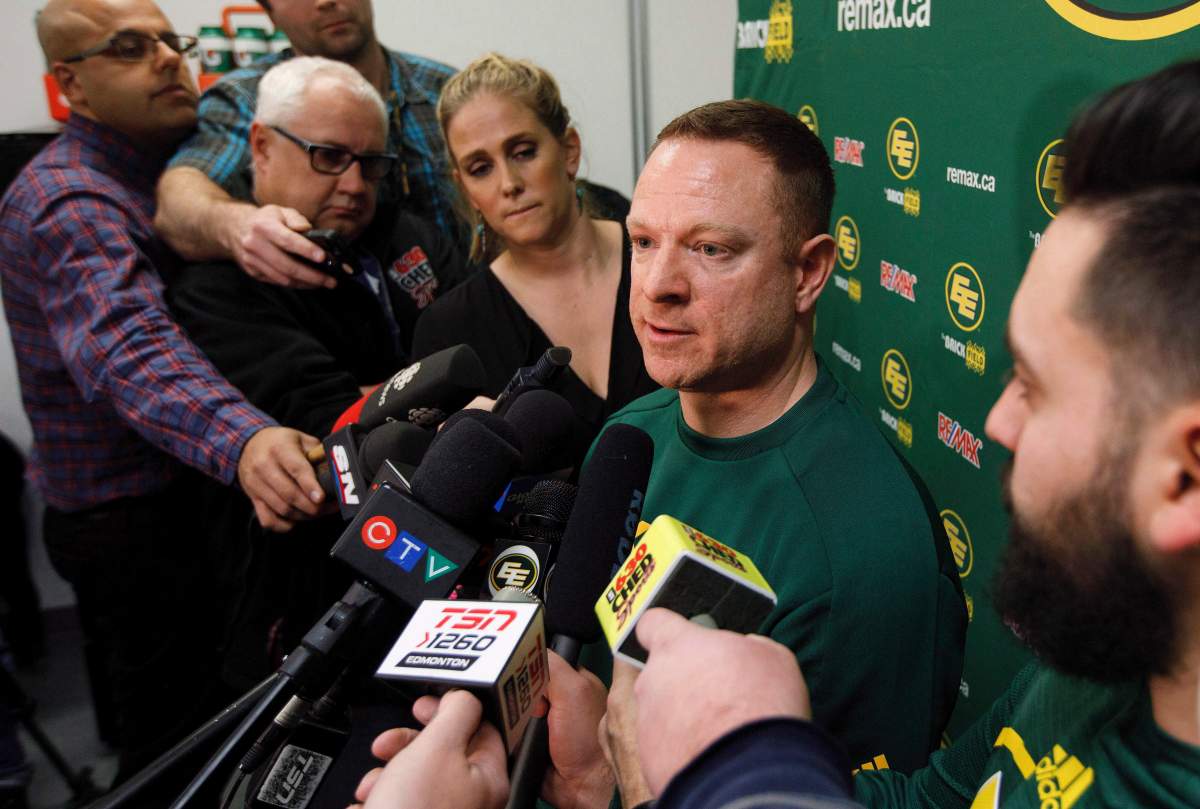 Edmonton Eskimos General Manager Brock Sunderland speaks about the year after being eliminated from the Western Finals by the Calgary Stampeders, in Edmonton, Alta., on Tuesday November 21, 2017. 