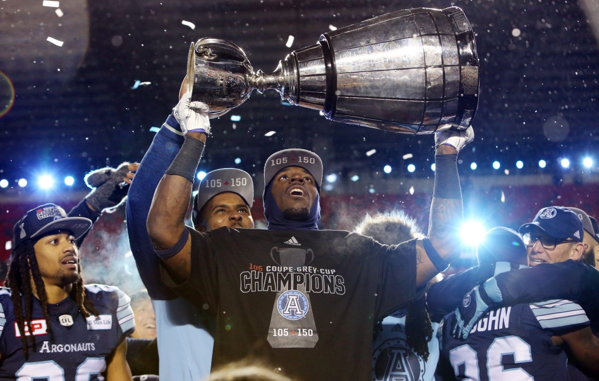 Members of the Toronto Argonauts celebrate their Grey Cup win over the Calgary Stampeders in Ottawa on Sunday, November 26, 2017.  