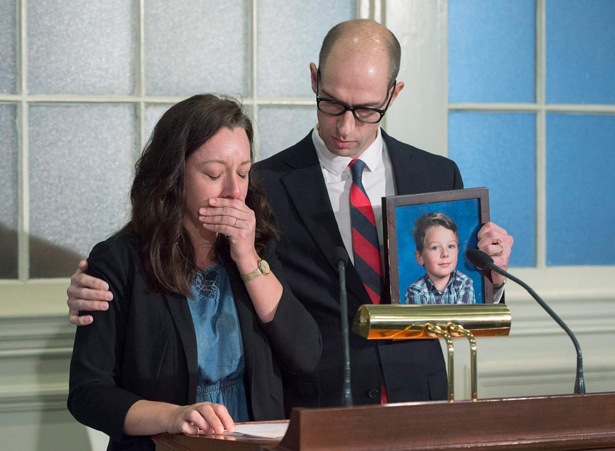 Carly Sutherland and her husband John Sutherland address a news conference at the legislature in Halifax on Thursday, Nov. 30, 2017. The Sutherland's nine-year-old son Callum is severely impacted by autism and they are having a hard time having his needs met with no outpatient care available. THE CANADIAN PRESS/Andrew Vaughan.