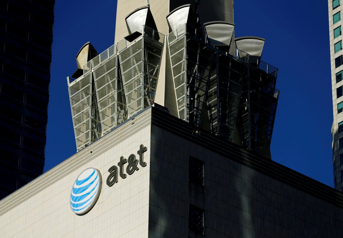 An AT&T logo and communication equipment is shown on a building in downtown Los Angeles, California Oct. 29, 2014. 