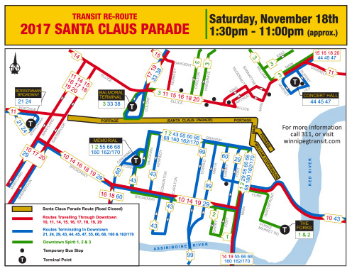 Winnipeg Transit said several bus routes will be detoured Saturday due to the parade.