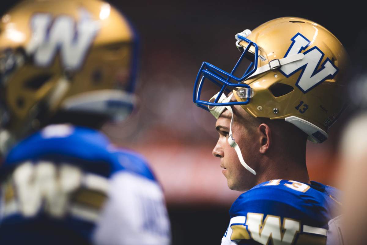Dan LeFevour (13) of the Winnipeg Blue Bombers during the game against the BC Lions at BC Place Stadium in Vancouver, BC., on Friday, July 21, 2017. (Photo: Johany Jutras)