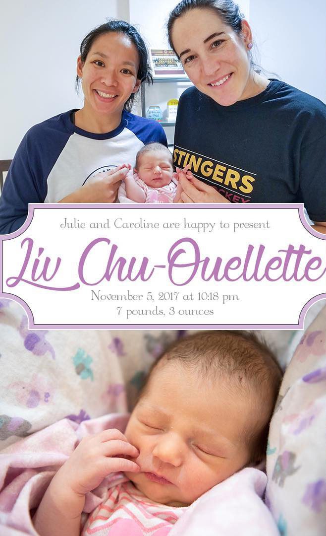 Caroline Ouellette and Julie Chu announced the birth of their first child, Liv Chu-Ouellette, on Instagram. 