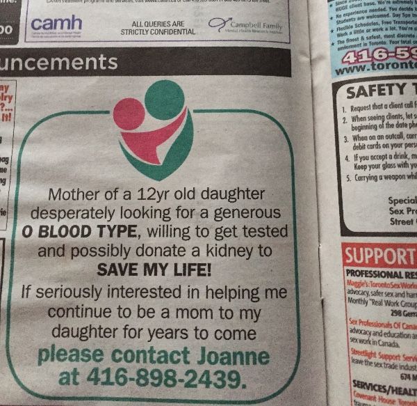 Toronto woman places ad in search for kidney donor - image