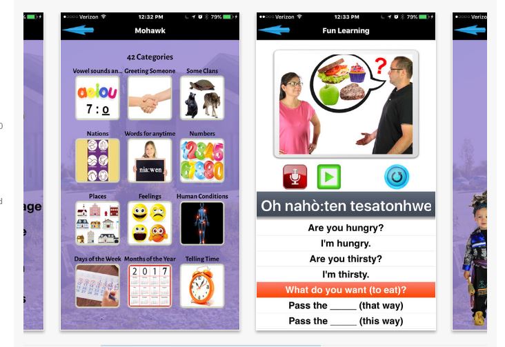 Six Nations Polytechnic's Speak Mohawk app, as shown in screen shots from iTunes.