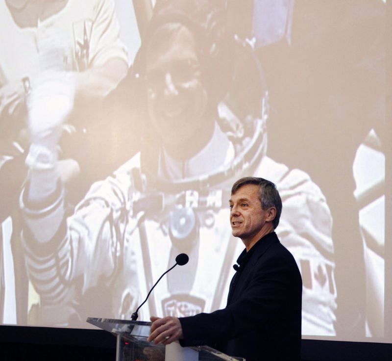 Canadian astronaut Robert Thirsk projects an image of himself on the International Space Station as he talks in Calgary on Monday Feb. 8, 2010. 
