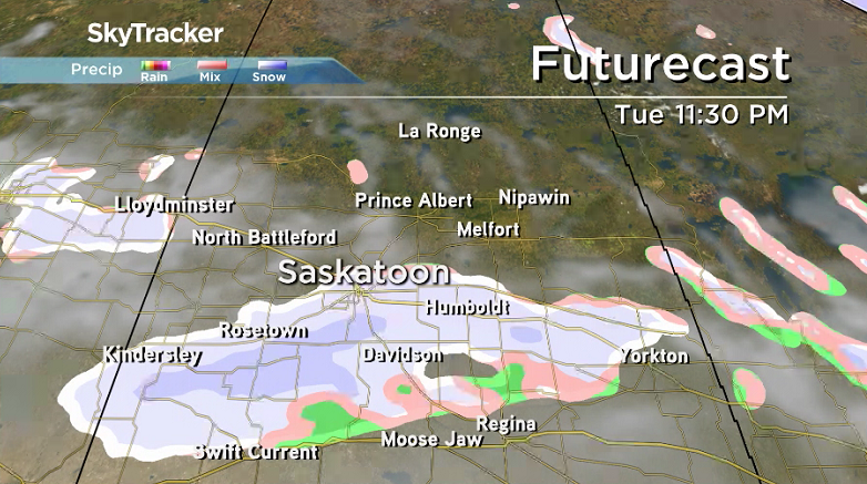 A good chance of snow moves in across central Saskatchewan Tuesday evening.