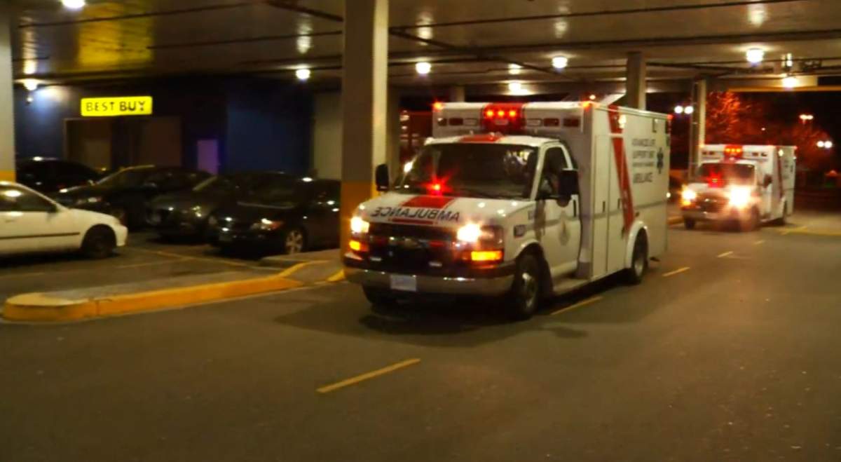 A security guard was sent to hospital with non-life-threatening injuries after being stabbed outside Abbotsford's Sevenoaks Shopping Centre on Monday.