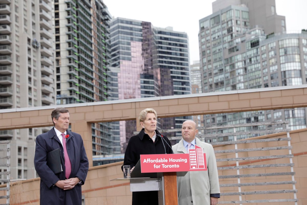 Premier Kathleen Wynne along with Mayor John Tory and Minister of Housing Peter Milczyn announce the  unlocking of provincial land in north-east Toronto. 