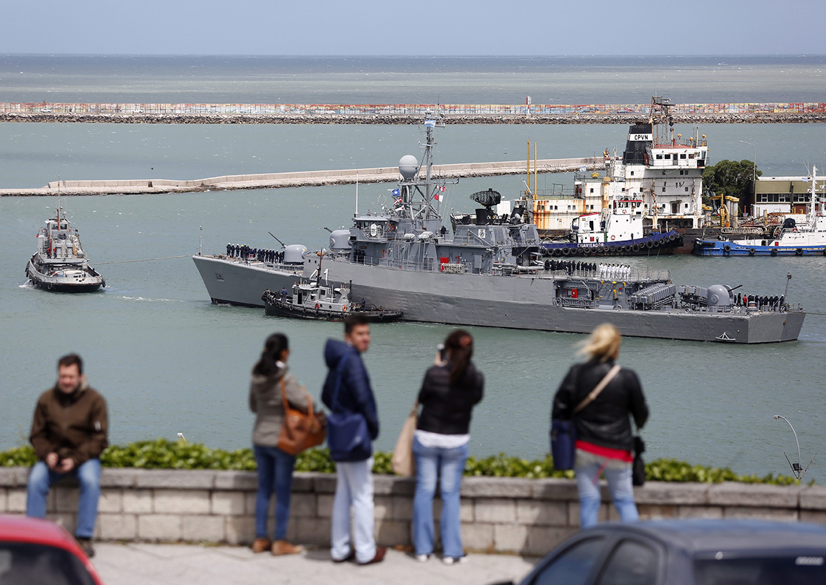 Comandante Espora Argentine ship sails off the naval base in Mar del Plata, Argentina, Saturday, Nov. 18, 2017. This ship is part of a searching crew to find a missing submarine. 