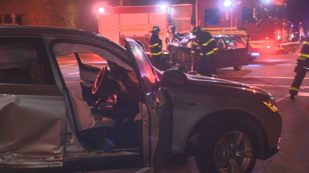 Fire crews clear a crash Monday night at Richter and Cader in Kelowna. 