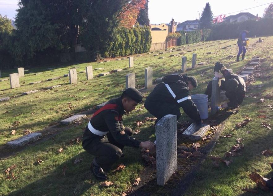 Children cleaning veterans' graves at the New Westminster's Fraser Cemetery as part of the Society of the Officers of the Honourable Guard work.