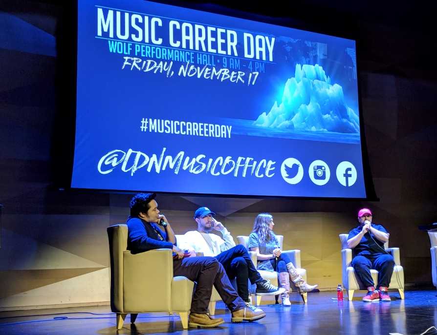 Musicians Matt Powell, Dayna Manning and Khardiac speak during the Career Music Day Nov. 17, 2017.