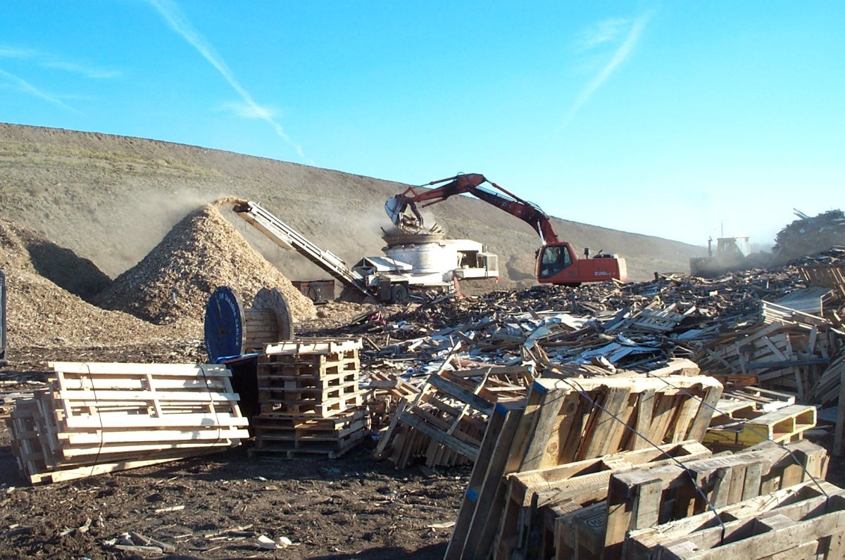 Chipping pallets at the Edmonton Waste Management Centre's recycling facility, October 2017.