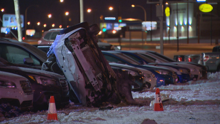 Saskatoon Fire Department crews had to use extensive efforts to free the driver of a vehicle that rolled on Circle Drive and ended up in a car dealership.