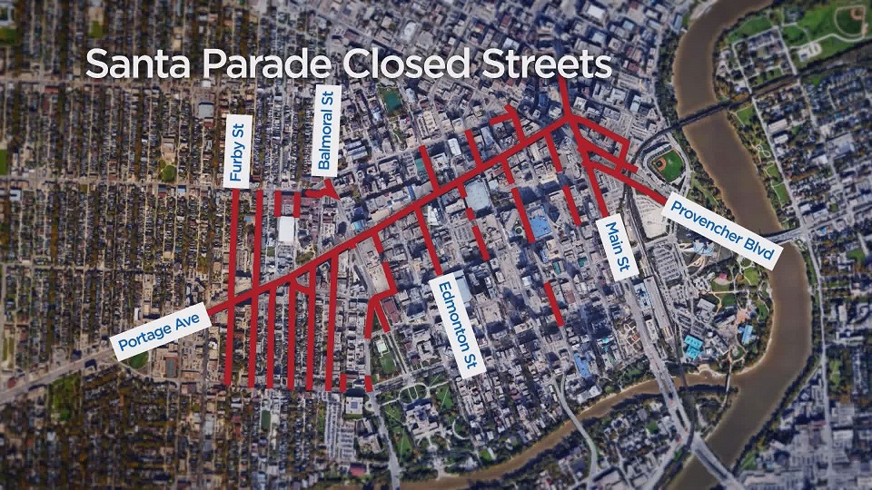 Red is a common colour theme downtown this weekend, the Jets, Santa, and closed roads.