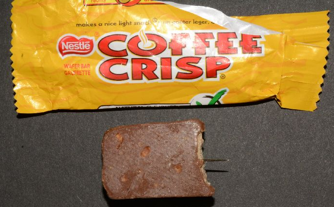 A Hamilton area child found a sewing needle in their Coffee Crisp on Halloween.