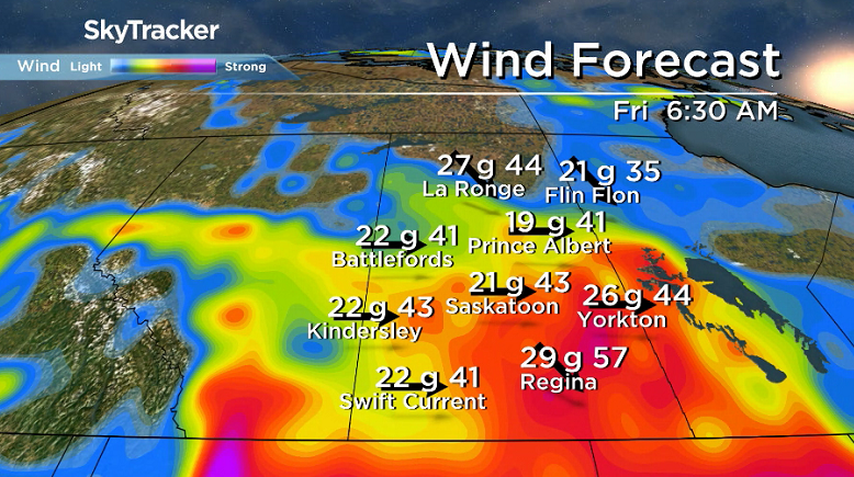 Cool west-northwesterly winds remain fairly breezy on Friday morning across central Saskatchewan.