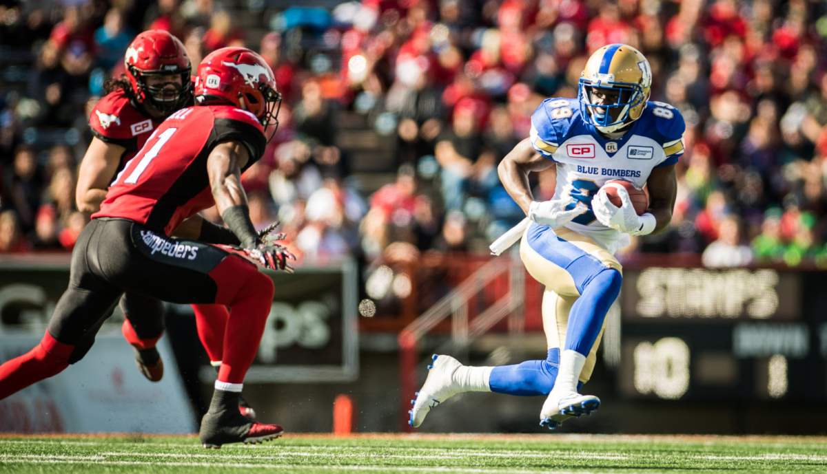 Clarence Denmark (89) during the game between the Calgary Stampeders and the Winnipeg Blue Bombers at McMahon Stadium in Calgary, AB. Saturday, September 24, 2016. (Photo: Johany Jutras)