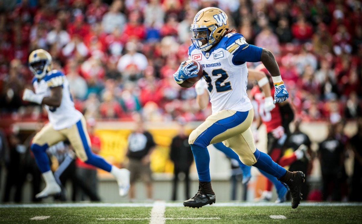 Tim Flanders (32) during the game between the Calgary Stampeders and the Winnipeg Blue Bombers at McMahon Stadium in Calgary, AB. Saturday, September 24, 2016. (Photo: Johany Jutras).