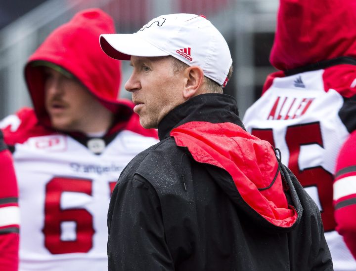 Calgary Stampeders head coach Dave Dickenson watches during practice ahead of the105th Grey Cup championship football game against the Toronto Argonauts in Ottawa on Saturday, November 25, 2017. 