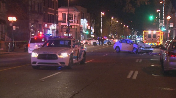 A 26-year-old woman was arrested after she crashed into a police car on St-Denis Street. Saturday, Nov. 11, 2017.