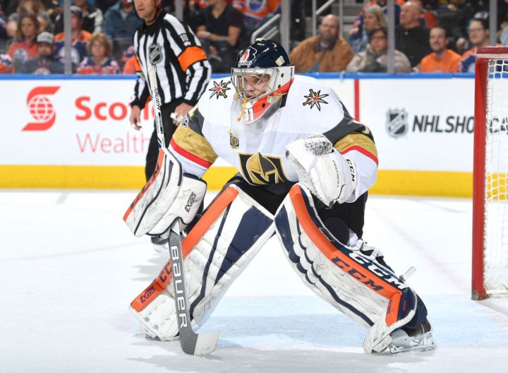 Dylan Ferguson #1 of the Vegas Golden Knights prepares to make a save in his first NHL game against the Edmonton Oilers on November 14, 2017 at Rogers Place in Edmonton, Alberta, Canada. 
