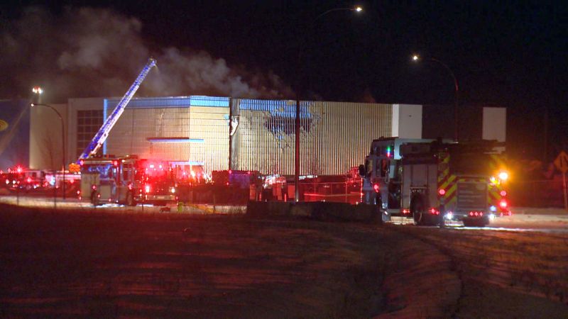 Calgary firefighters battle a blaze at the unopened Cineplex Odeon Seton on Sunday, Nov. 5, 2017. 