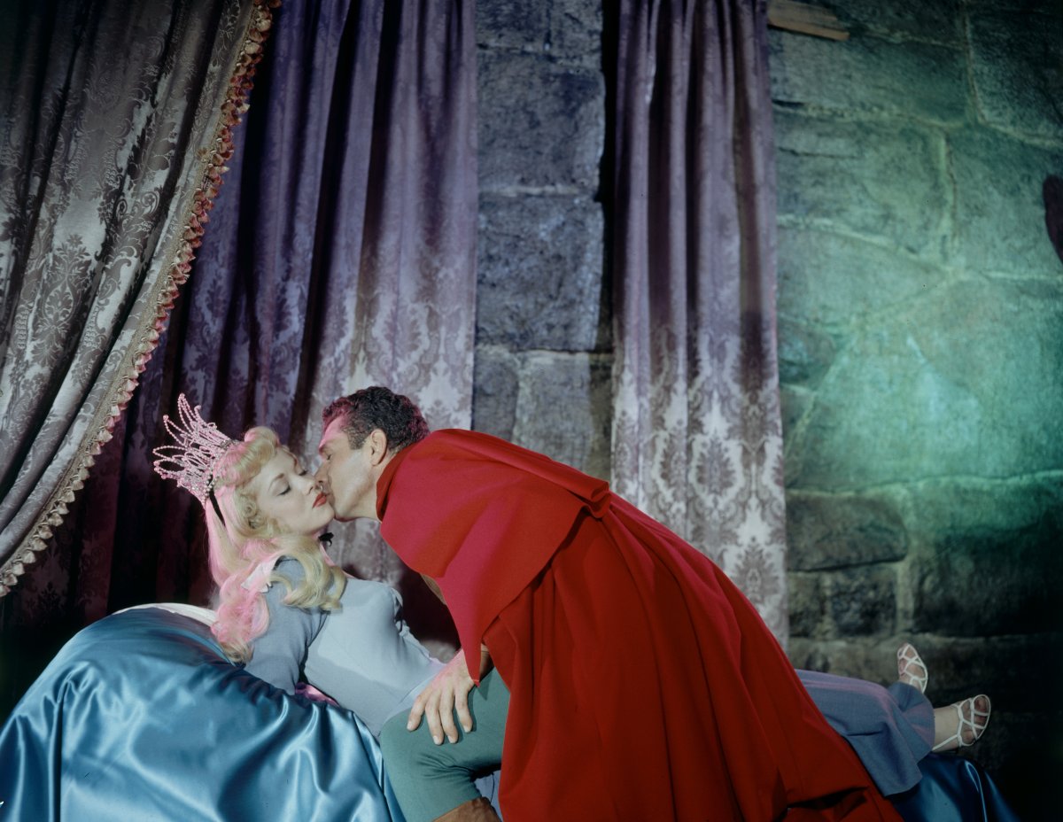 Live action models Helene Stanley (1929 - 1990) and Ed Kemmer (1921 - 2004) acts out the roles of, respectively, Princess Aurora and Prince Philip during the production of the animated Walt Disney film 'Sleeping Beauty,' August 1958. 
