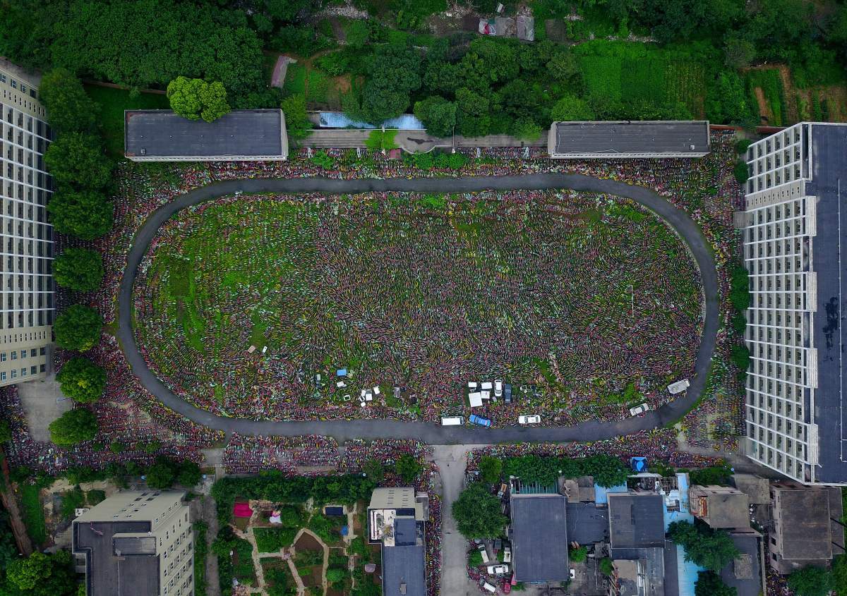 HEFEI, CHINA – An aerial view of the rental bikes detained by the local urban administration authority of Luyang district on Aug. 16, 2017, in Hefei, China. (Feature China/Barcroft Images/Barcroft Media via Getty Images)